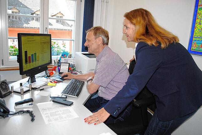Norbert Bodmer und Ingrid Eble schauen sich im Mai 2019 auf dem Bildschirm die Zwischenergebnisse der Gemeinderatswahl in ...