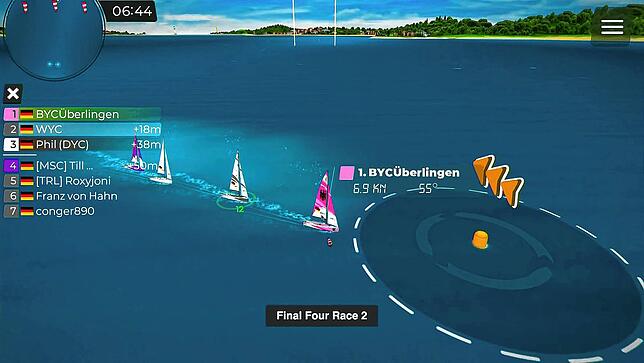 Ein Screenshot vom Finale der E-Sailing-Bundesliga. Der Bodensee Yachtclub Überlingen mit Jonathan Koch führt das Rennen an und wendet ...