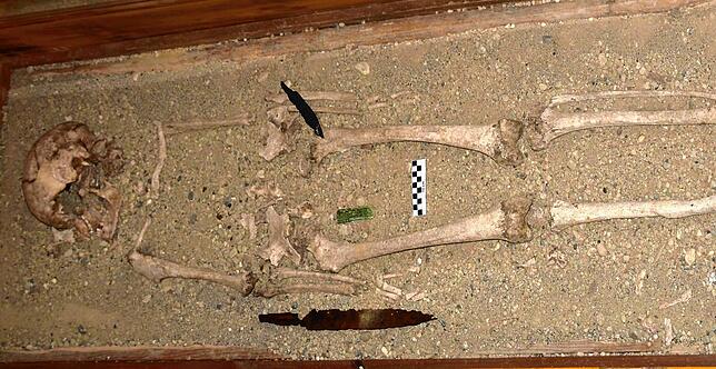 Eine Kiesgrube am Ortsausgang von Uhldingen-Mühlhofen: Hier wurde dieses Skelett eines riesenhaften Kriegers aus dem 6./7. Jahrhundert ...