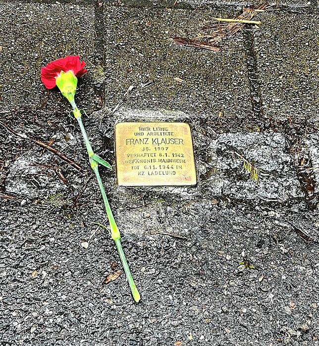 Dem sauberen Stolperstein von Franz Klauser wurde eine Blume beigelegt.