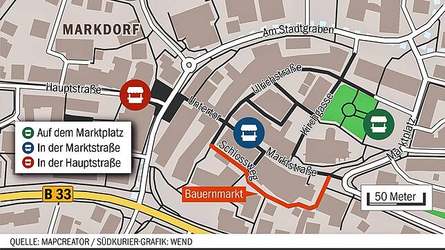 Die drei Marktstandorte: Die Marktstraße (Blau, bisheriger Standort), der Marktplatz (Grün, aktueller Ausweichstandort) und die ...