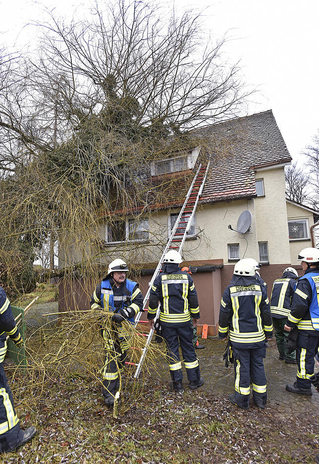 Einer der wenigen Feuerwehreinsätze am Montag: Der Sturm hat einen Baum auf ein Haus geworfen.