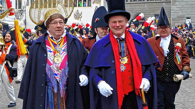 Die Narreneltern Wolfgang Lechler (links) und Thomas Pross beim Narrentag des Viererbunds im Januar 2020. Beide legen ihre Ämter 2022 ...