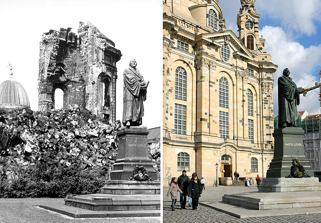 Zwei Ansichten der Dresdner Frauenkirche mit dem Denkmal von Martin Luther: Links 1971 als Ruine und Mahnmal, rechts nach dem ...