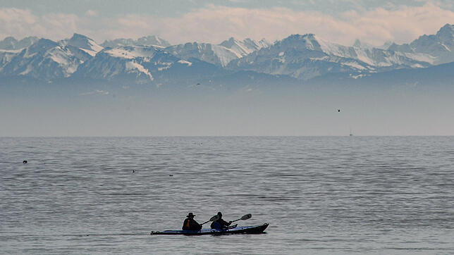 Bodensee mit Alpen im Hintergrund: Die Gletscher sind eine der wichtigsten Wasserquellen für den See.