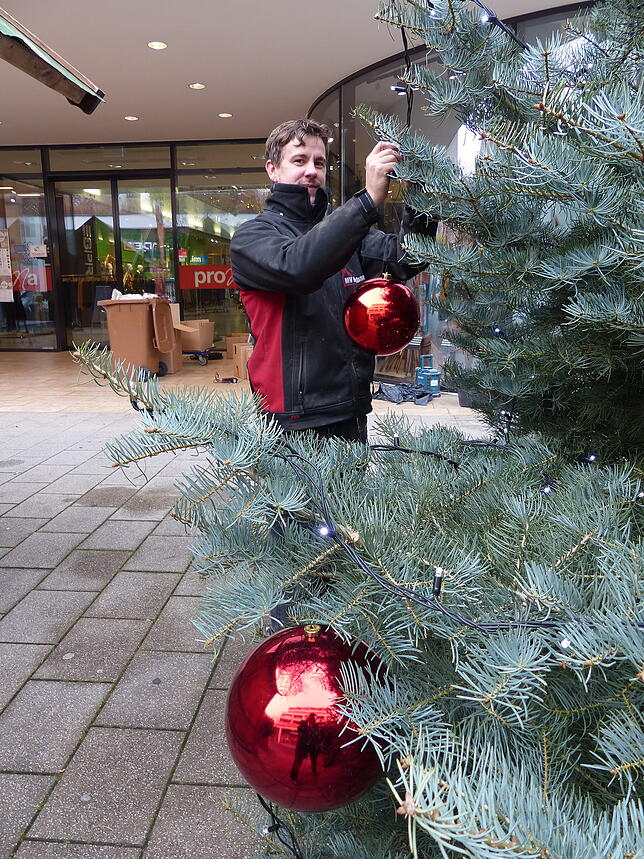 Markus Strobel schmückt im Firmenauftrag den großen Weihnachtsbaum vor dem Proma. Die Händler wollen die Haupt- und Marktstraße mit ...