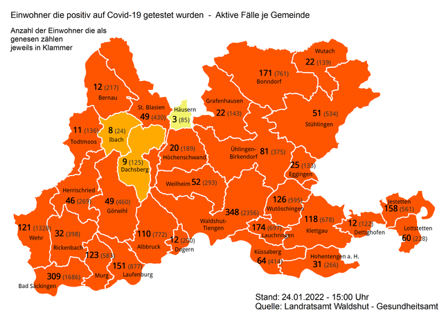 Am Montag, 24. Januar, gibt es im Landkreis Waldshut 2580 aktive Corona-Fälle.