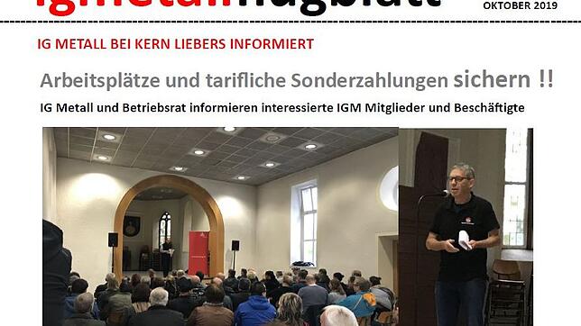 Auf einem Flugblatt hat die IG-Metall die Belegschaft von Kern-Liebers über angebliche Stellenstreichungen informiert.
