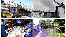 Oben links ein Bild vom Bau des Parkhauses in Stockach, unten links Auszählung bei der Wahl in Ludwigshafen, oben rechts Löscharbeiten ...