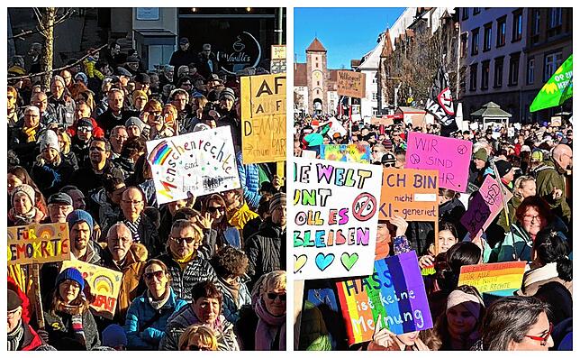 Sie zeigen: Hier ist kein Platz für Rechtsextremismus. Über 1400 Menschen gehen in Donaueschingen am Samstag auf die Straße (links) um ...