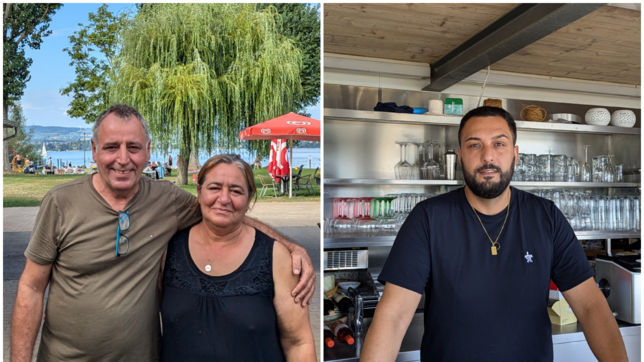 Ismail und Sengül Aktas (links) vom Strandbad Iznang und Cem Gül (rechts) vom Seebad auf der Mettnau ziehen ein Fazit zur durchwachsenen ...