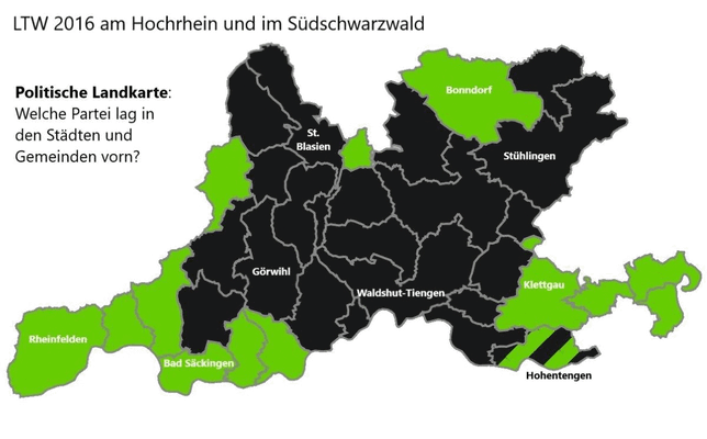 Vergleich der Landtagswahlergebnisse 2016 und 2021 im Landkreis Waldshut und den beiden zum Wahlkreis 59 zählenden Kommunen Rheinfelden ...