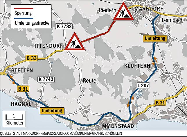 Bild 2: Sperrung der B33 zwischen Markdorf und Ittendorf für sechs Wochen