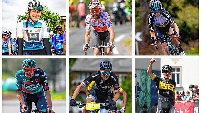 Die Vorfreude auf die Rad-DM ist groß bei Laura Süßemilch (oben, von links), Simon Geschke, Liane Lippert, Nico Denz (unten, von links), ...