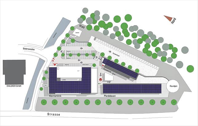 Von links die Zufahrt über die Bodenseeallee. Unten verläuft die B31-alt.