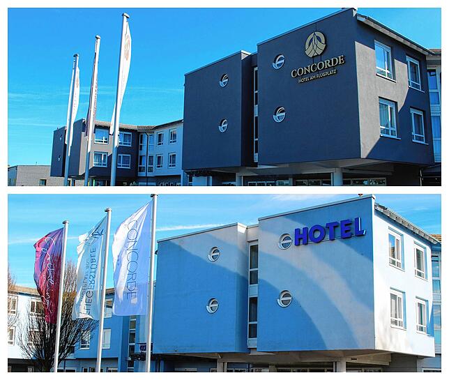 So sah das Concorde noch im Januar 2020 aus (Bild unten). Mittlerweile ist der blaue Anstrich einem Grau gewichen. Der Hotel-Name mit ...