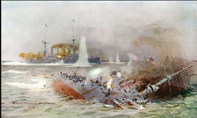 Der britische Marinemaler William Lionel Wyllie malte 1918 dieses Bild vom Untergang der „Scharnhorst“ bei den Falklands. ...