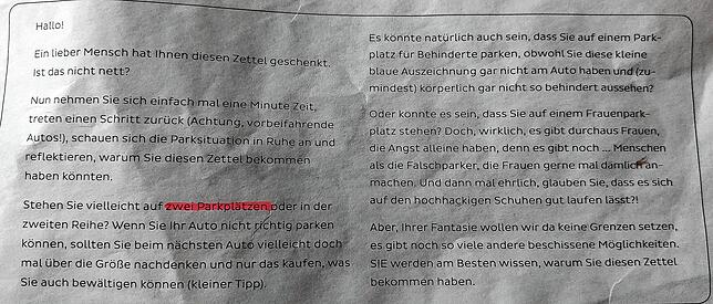 Wer kommt auf die Idee, seinen Mitmenschen solche Nachrichten ans Auto zu hängen? Vielleicht meldet sich der Urheber ja.