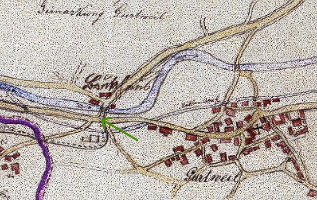 Auf dieser Planskizze der Gemarkung Gurtweil aus dem 19. Jahrhundert ist die Kreuzung an der Schlücht beim Bruckhaus (grüner Pfeil) zu ...