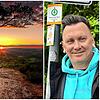 Frank Klöden am neuen Hinweisschild für den Nord-Süd-Trail im Eriskircher Ried (rechts) und auf einer Anhöhe im Pfälzer Wald, wo der NST ...