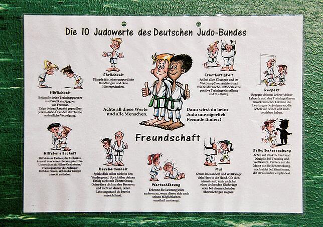 Kurz und übersichtlich auf einer Folie zusammengefasst: Die zehn Judowerte des Deutschen Judo-Bundes.