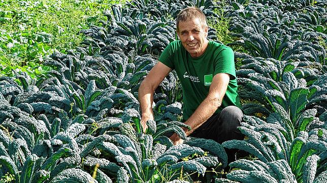Markus Uhlenbrock-Ehnes von der Gemüsegärtnerei Eulenhof in Dogern mitten in einem Feld Schwarzkohl. Alte Gemüsesorten wie diese liegen ...