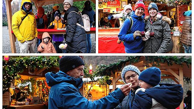 Sie besuchen den Weihnachtsmarkt in der Ravennaschlucht: Familie Langer aus der Schweiz (links oben), Familie Lichtfuss aus Nürnberg ...