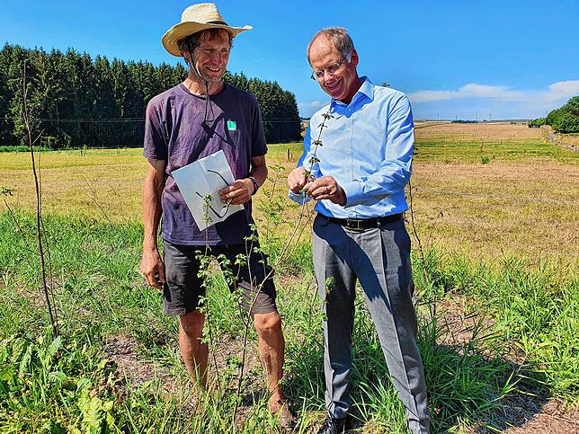 Jetzt gibt es ein neues Projekt für Öko-Hecken, die bei Bad Dürrheim sprießen. Landwirt Christoph Trütken (links) und der ...