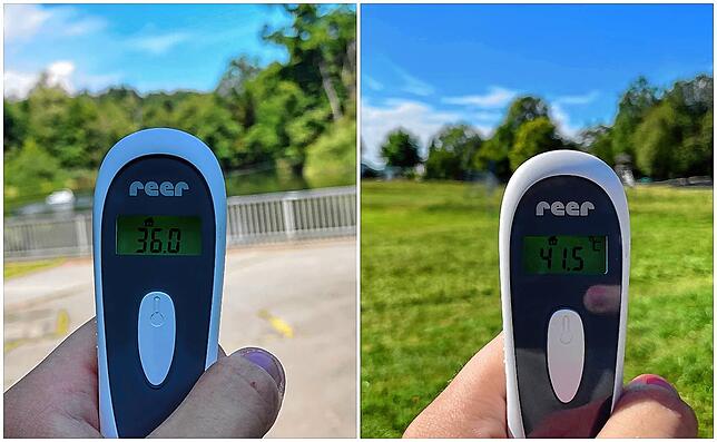 Wenige Meter machen 5,5 Grad Celsius Unterschied: Links am Ziegeleiweiher Basketballplatz und rechts am Fußballfeld Iben.
