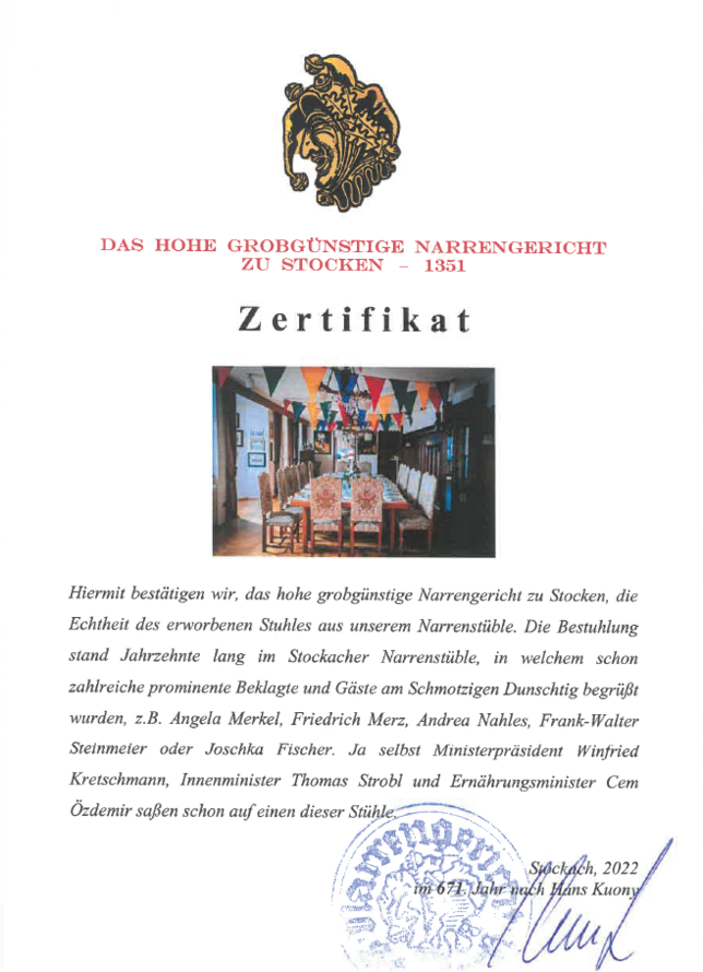 So sieht das Echtheitszertifikat aus, das dem Stuhl beigelegt wurde.