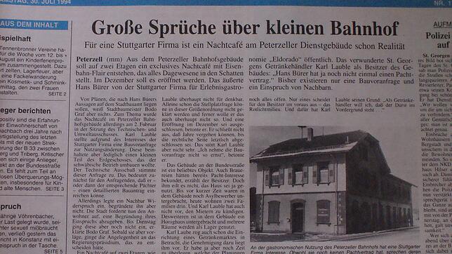 Vor 25 Jahren plant der Chef einer Stuttgarter Erlebnisgastronomie-Firma, den kleinen Peterzeller Bahnhof in ein Nachtcafé mit Bahnflair ...
