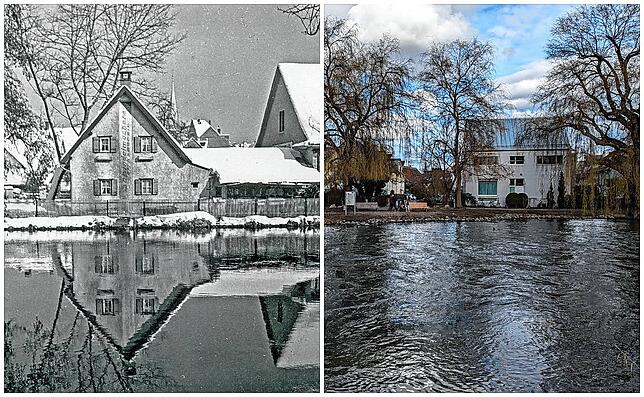 In den 1950er-Jahren (links) stand am Ende der Aachstraße im alten Dorf noch die Schindelmacherei Kamezin direkt an der Aach. Davon ist ...