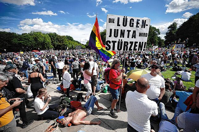 „Die Lügen-Junta wird stürzen!“ steht auf dem Schild eines Teilnehmers der Demonstration in Berlin. Bilder: dpa