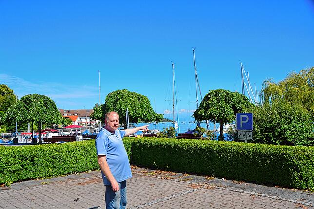 Martin Gutemann zeigt den Blick auf den See, wo die neue lange Spundwand geplant ist. Die Hängeulmen müssten der Hafenumgestaltung weichen.