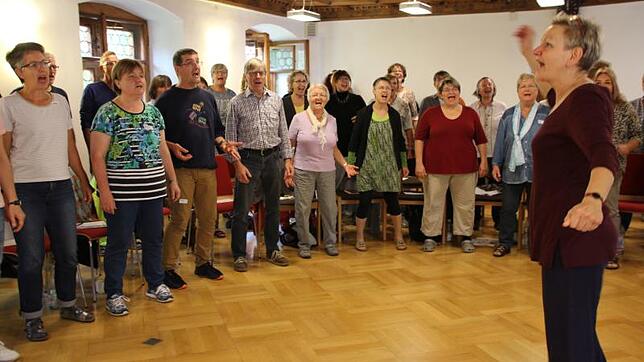 Gospels mit viel Kraft und Gefühl studierten die 70&nbsp;Teilnehmer der Chorwoche Gospelgesang mit Referentin Angelika Rehaag (vorne ...