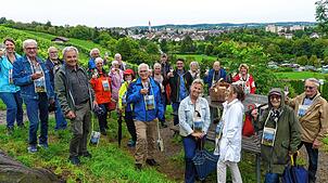 Eine muntere, interessierte Truppe SÜDKURIER-Leser genießt die kleine Tour durch die Reben mit Verkostung Markdorfer Weine, die ...