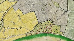 Im Ausschnitt des Wallbacher Gemarkungsplans von 1775 ist zu sehen, dass nicht die heutige Hauptstraße, sondern die Rheinstraße ...