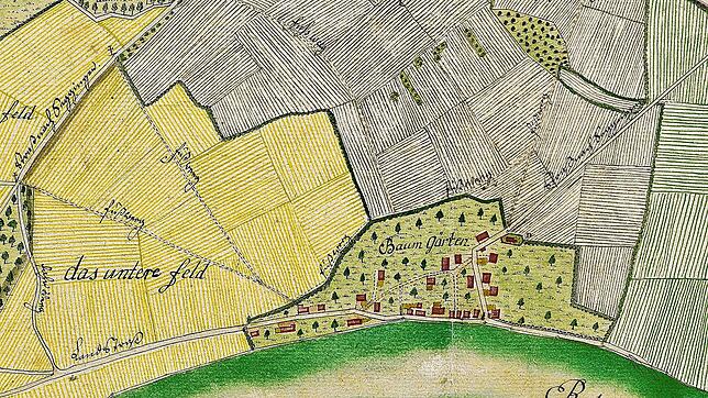 Im Ausschnitt des Wallbacher Gemarkungsplans von 1775 ist zu sehen, dass nicht die heutige Hauptstraße, sondern die Rheinstraße ...