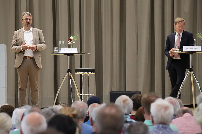 Martin Gruner und Philipp Frank stellen sich bei der Bewerbervorstellung den Fragen der Bürger.