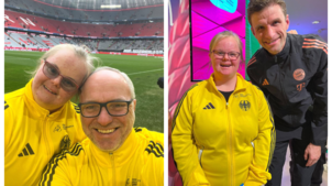 Links im Bild: Sabrina Schneider zusammen mit Mathias Dolderer im Stadion in München. Rechts im Bild: Sabrina Schneider zusammen mit ...