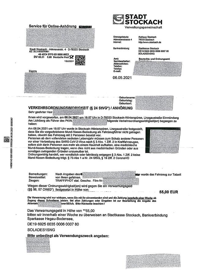Der Bußgeldbescheid von Ordnungsamt Stockach gegen den Rettungswagenfahrer.