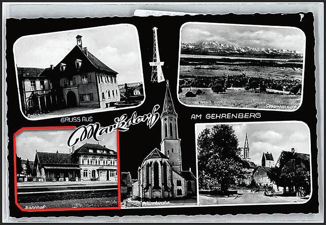 Eine alte Postkarte aus Markdorf, ca. 1950. Der Bahnhof auf dem Bild unten links, das Vordach ist ganz gut erkennbar.