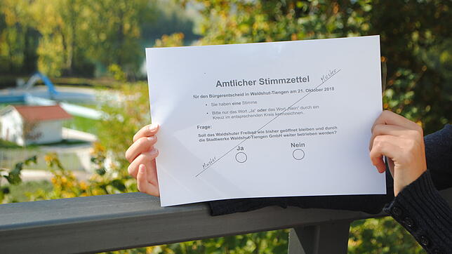 Am Sonntag entscheiden die Bürger über die Zukunft des Waldshuter Freibads. Auf dem Foto ist ein Muster des amtlichen Stimmzettels vor ...