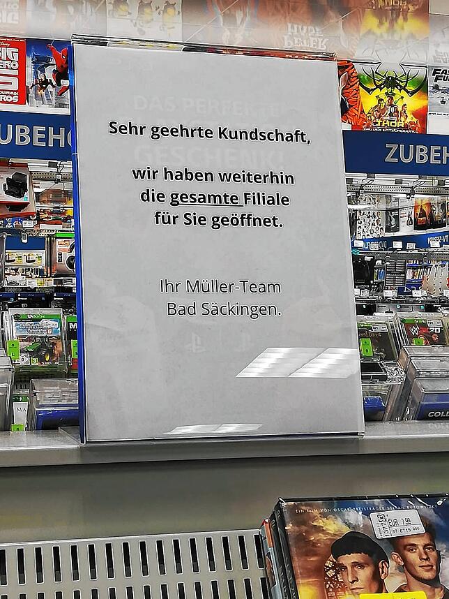 Der Müller-Markt in Bad Säckingen bleibt geöffnet, weil er es darf.