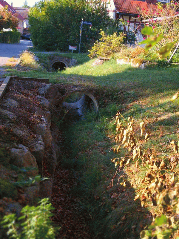 Das Bett des Mühlbachs ist verbreitert und an mehreren Stellen durch Natursteine befestigt.