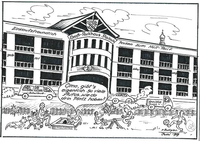 Das Parkhaus am Hägerweg war ein lange gewünschtes Projekt in den 90er-Jahren. Karikaturist Karl Rudigier nahm bei dessen Fertigstellung ...