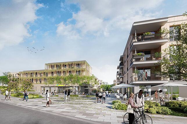 So könnte das Quartier rund um den Nordstadtversorger aussehen. Die Visualisierung zeigt den offenen Marktplatz.