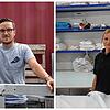 Christoph Joos vor den Teilen eines Werbeturms, den er mit seinem Team zusammenbaut (links). Eva Müller fährt mit den Händen über eine ...