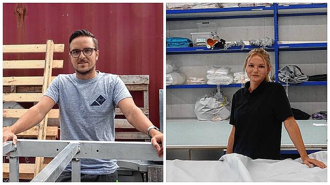 Christoph Joos vor den Teilen eines Werbeturms, den er mit seinem Team zusammenbaut (links). Eva Müller fährt mit den Händen über eine ...