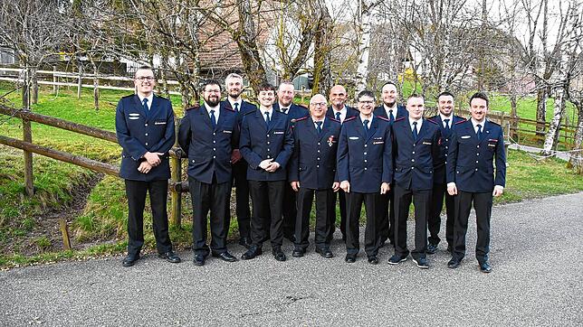 Ehrungen, Beförderungen und Wahlen gibt es bei der Feuerwehr: von links Kommandant Georg Schilli, Schriftführer Sascha Rosenfelder, ...